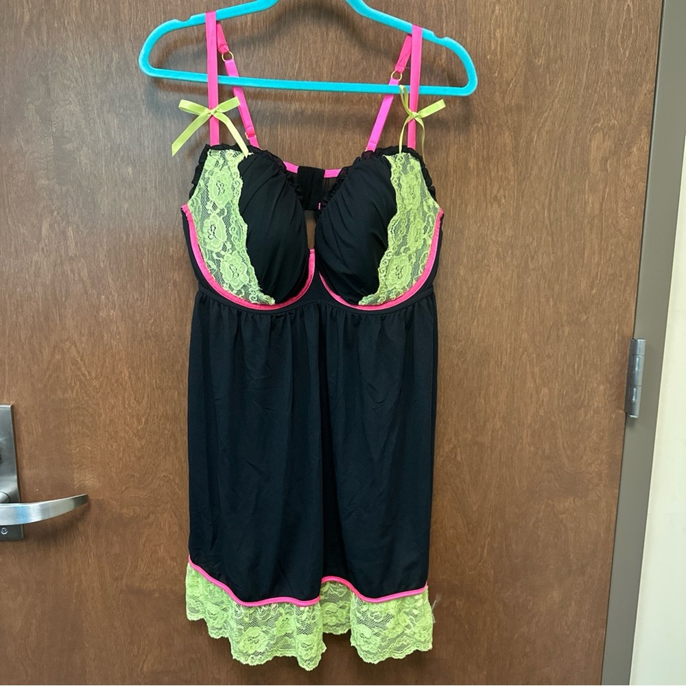 Cacique Black Chemise with Neon Green Lace & Hot Pink Trim
